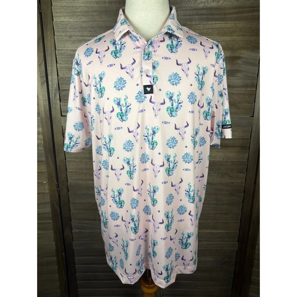 Bad Birdie Mens 2XL Golf Polo Pink Southwestern Cactus Steer Skull Print Shirt